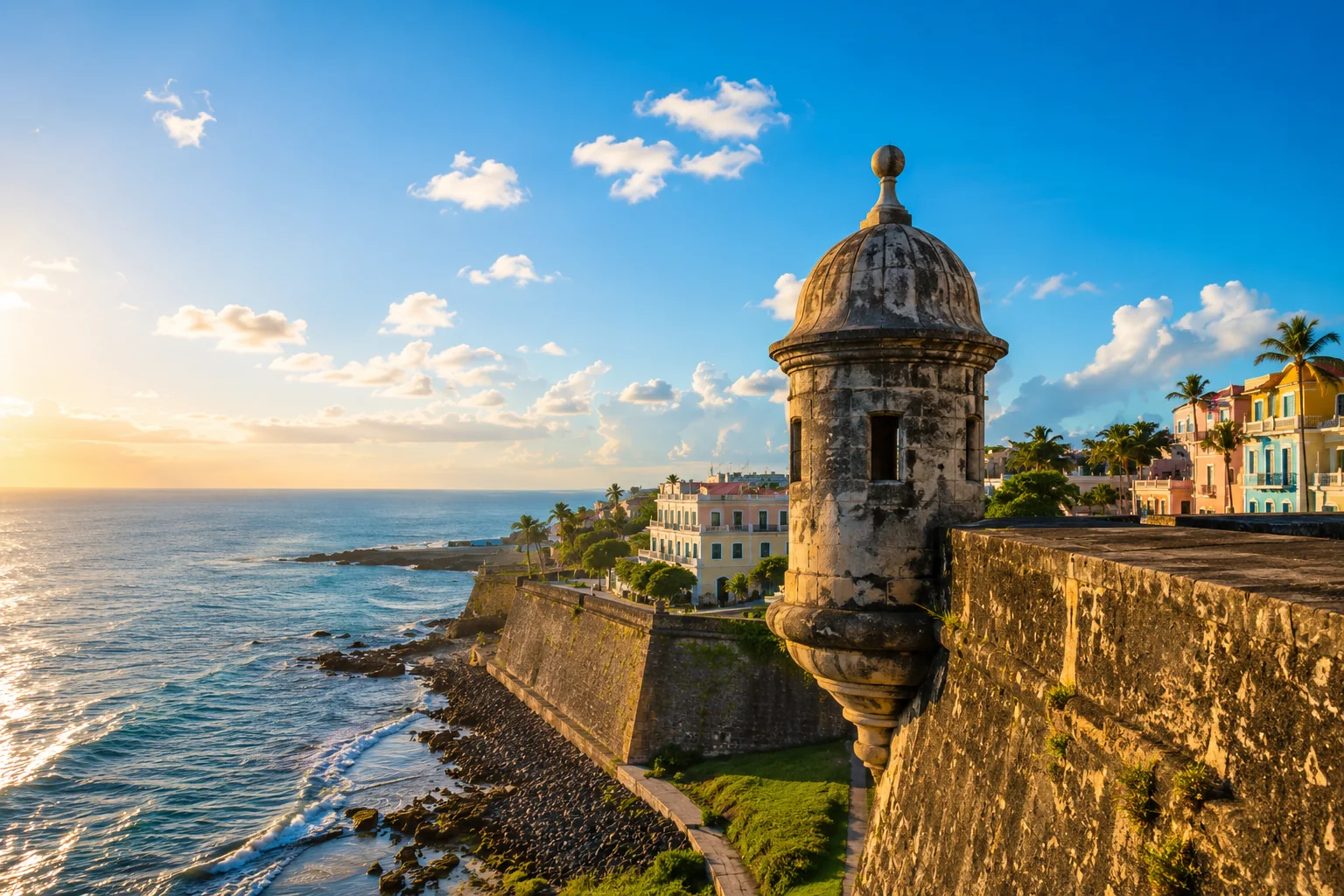 Vista panorámica del Castillo San Felipe del Morro y la costa del Viejo San Juan, Puerto Rico